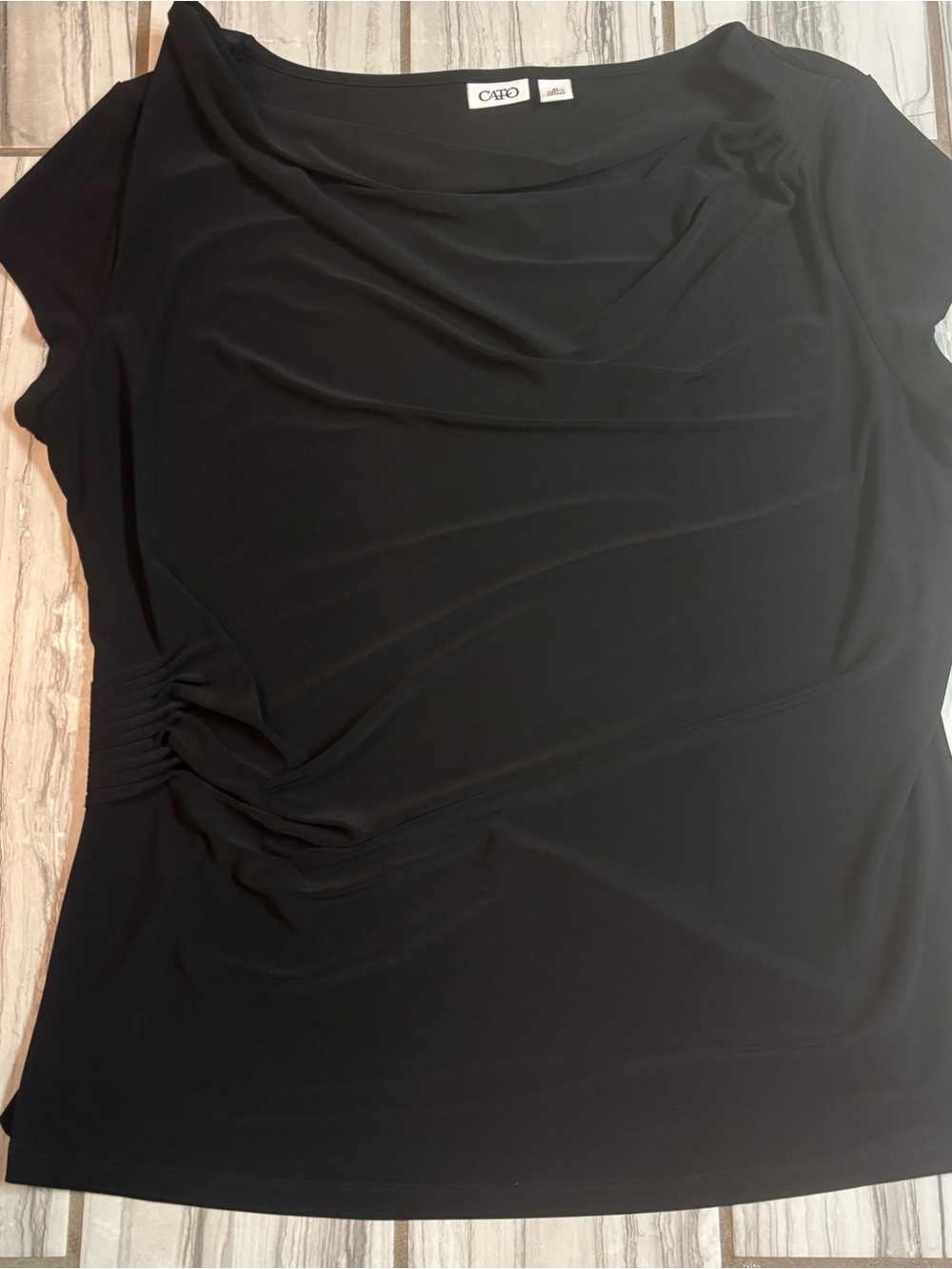 Cato Black Short Sleeve Drape Front Top with Side Ruching
